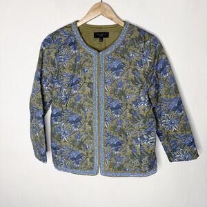 Talbots Olive Blue Quilted Jacket Floral Paisley Spring Womens Medium Petite